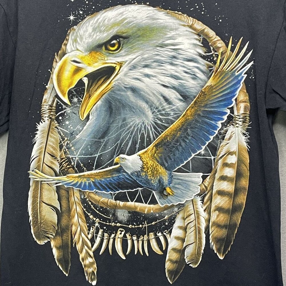DOM T-Shirt Mens M Black Bald Eagle Art Tribal Dream Catcher Graphic Tee - Picture 2 of 5